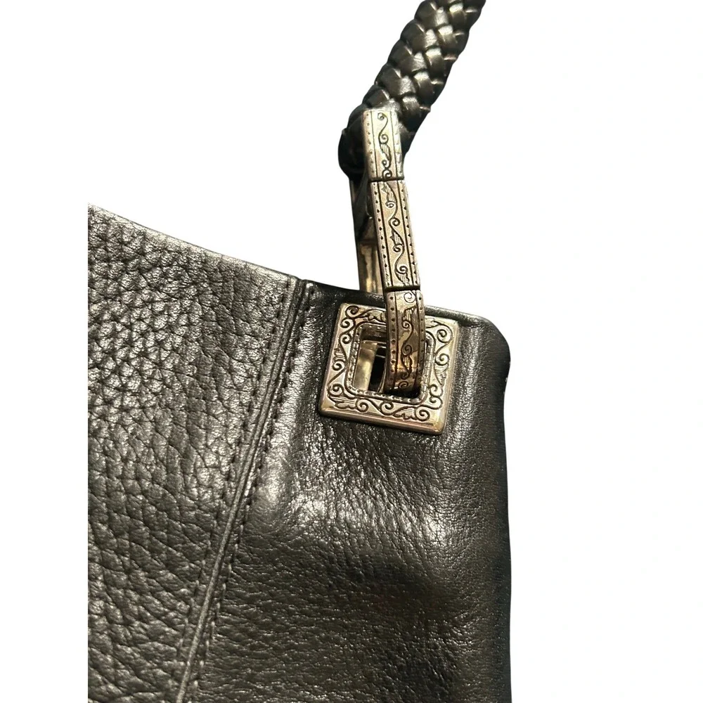 Brighton Blk Pebbled Leather Braided‎ Strap Shoulder Bag Silver Hardware A470285